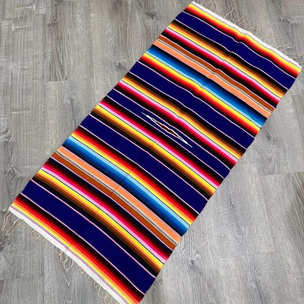 Mexican Serape Blanket Multi-Color Striped Saltillo Throw Blue 84x36